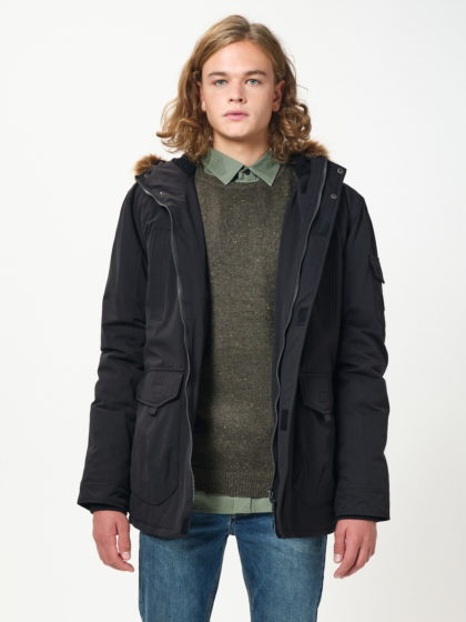LONG JACKET WITH FAKE FUR ON HOOD