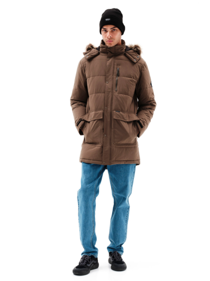 EMERSON MEN’S LONG PUFFER JACKET WITH FUR-TRIMMED HOOD