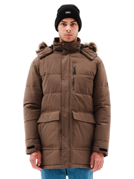 EMERSON MEN’S LONG PUFFER JACKET WITH FUR-TRIMMED HOOD
